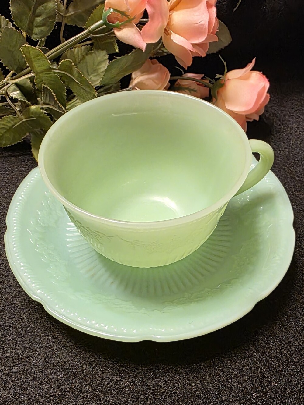 Vintage Anchor Hocking Glass CO. Fire King Jadeite Alice Teacup & Saucer Set